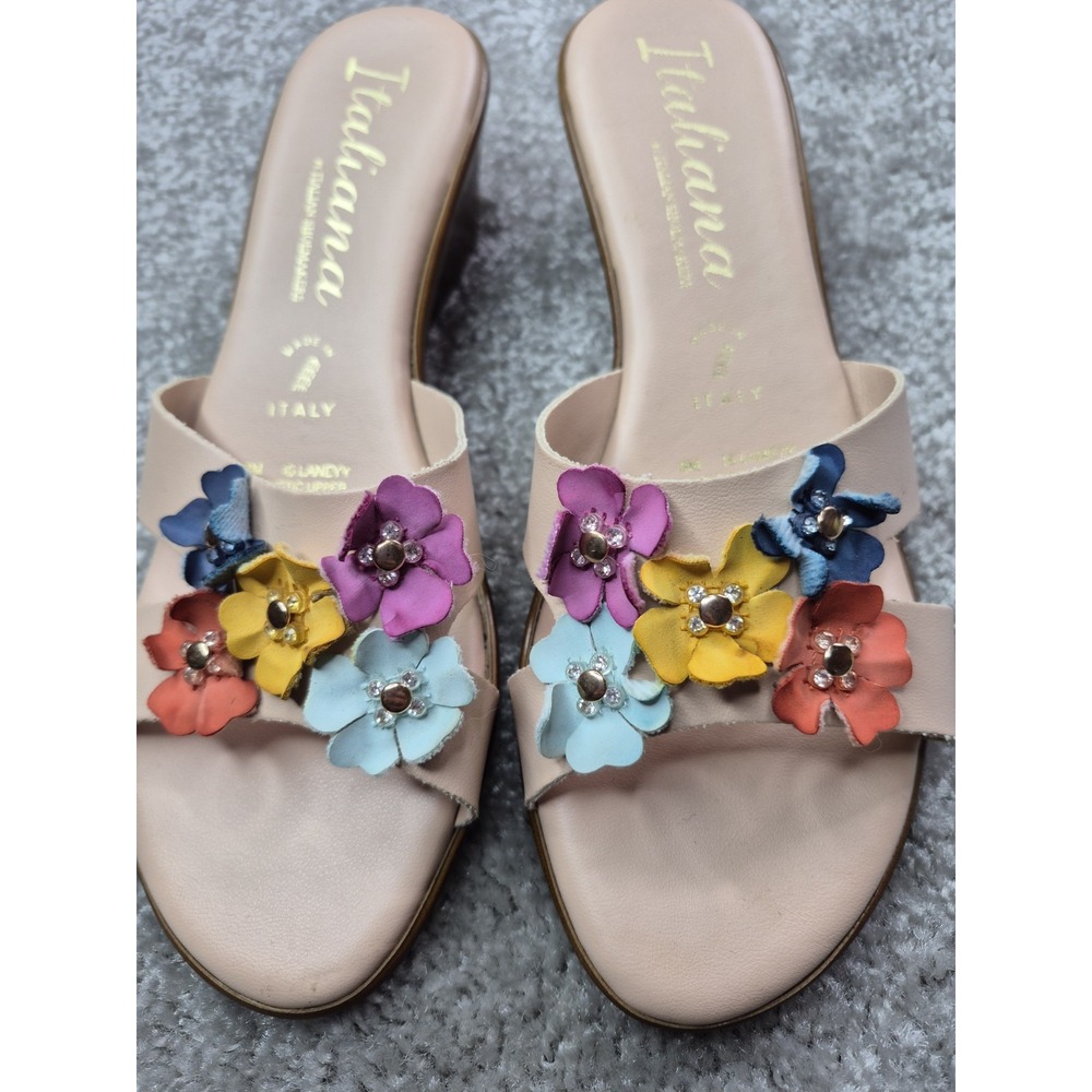 Italiana Wedge Sandals Size‎ 8 Tan/multicolored Flowers Made in Italy